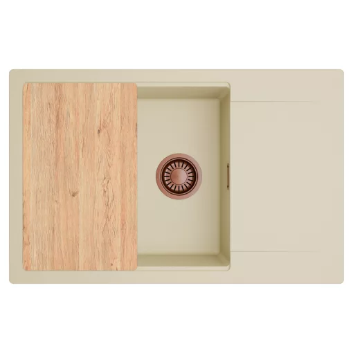 HD Onyx Beige 78-XL egymedencés gránit mosogatótálca, vágódeszkával, soft bézs színben, szálcsiszolt réz leeresztő szifonnal