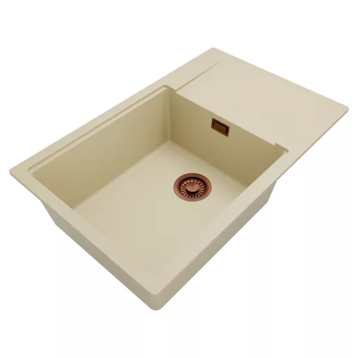 HD Onyx Beige 78-XL egymedencés gránit mosogatótálca, vágódeszkával, soft bézs színben, szálcsiszolt réz leeresztő szifonnal