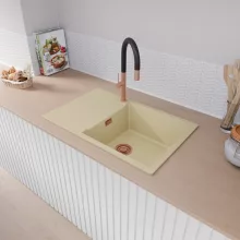 HD Onyx Beige 78-XL egymedencés gránit mosogatótálca, vágódeszkával, soft bézs színben, szálcsiszolt réz leeresztő szifonnal