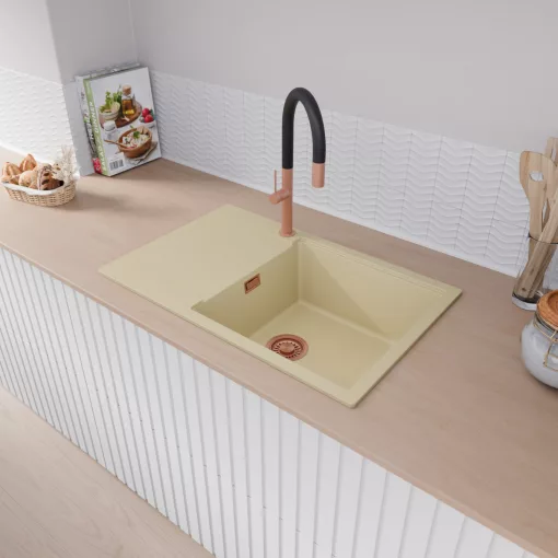 HD Onyx Beige 78-XL egymedencés gránit mosogatótálca, vágódeszkával, soft bézs színben, szálcsiszolt réz leeresztő szifonnal