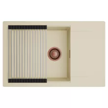 HD Onyx Beige 78-XL egymedencés mosogatótálca szett, acél csepegtetőráccsal, csepegtetőtálcával, soft bézs színben, szálcsiszolt réz leeresztő szifonnal