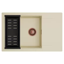 HD Onyx Beige 78-XL egymedencés mosogatótálca szett, matt fekete csepegtetőkosárral, csepegtetőtálcával, soft bézs színben, szálcsiszolt réz leeresztő szifonnal