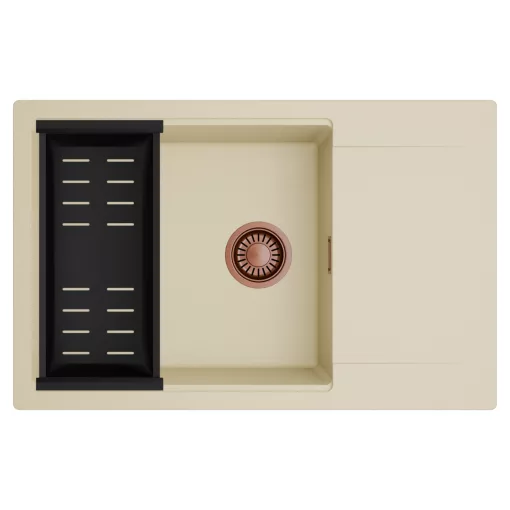 HD Onyx Beige 78-XL egymedencés mosogatótálca szett, matt fekete csepegtetőkosárral, csepegtetőtálcával, soft bézs színben, szálcsiszolt réz leeresztő szifonnal