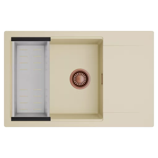 HD Onyx Beige 78-XL egymedencés mosogatótálca szett, acél csepegtetőkosárral, csepegtetőtálcával, soft bézs színben, szálcsiszolt réz leeresztő szifonnal