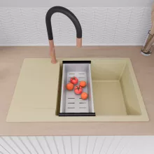 HD Onyx Beige 78-XL egymedencés mosogatótálca szett, acél csepegtetőkosárral, csepegtetőtálcával, soft bézs színben, szálcsiszolt réz leeresztő szifonnal