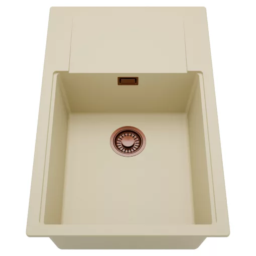 HD Onyx Beige 78-XL egymedencés mosogatótálca, csepegtetőtálcával, soft bézs színben, szálcsiszolt réz leeresztő szifonnal