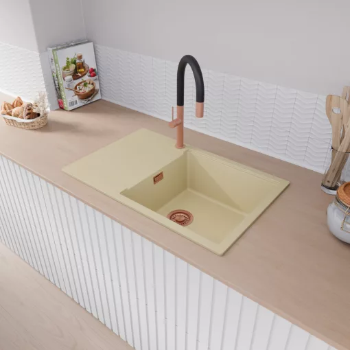 HD Onyx Beige 78-XL egymedencés mosogatótálca, csepegtetőtálcával, soft bézs színben, szálcsiszolt réz leeresztő szifonnal