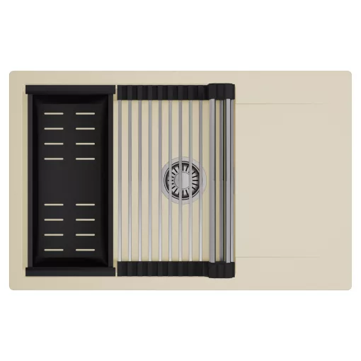 HD Onyx Beige 78-XL egymedencés mosogatótálca szett, acél csepegtetőráccsal és matt fekete kosárral, csepegtetőtálcával, soft bézs színben