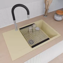 HD Onyx Beige 78-XL egymedencés mosogatótálca szett, acél csepegtetőráccsal és matt fekete kosárral, csepegtetőtálcával, soft bézs színben