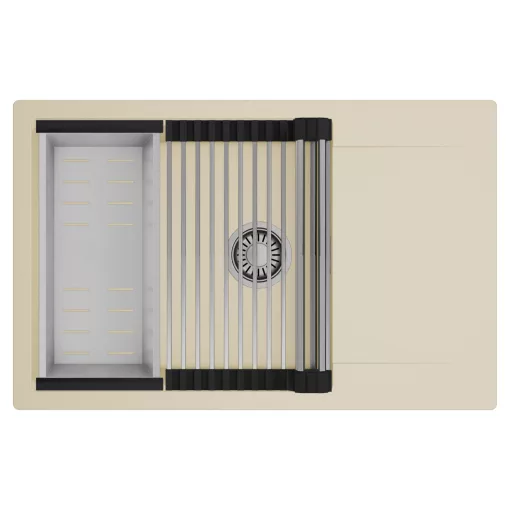 HD Onyx Beige 78-XL egymedencés mosogatótálca szett, acél csepegtetőráccsal és kosárral, csepegtetőtálcával, soft bézs színben