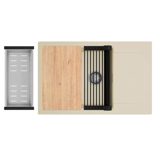 HD Onyx Beige 78-XL egymedencés gránit mosogatótálca szett, csepegtetőtálcával, vágódeszkával, matt fekete csepegtetőráccsal és krómozott kosárral, soft bézs színben