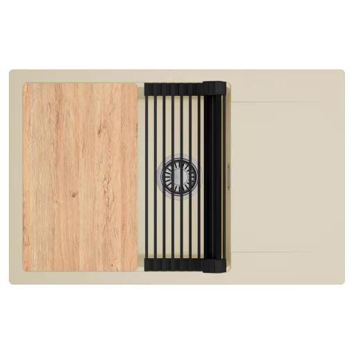 HD Onyx Beige 78-XL egymedencés gránit mosogatótálca szett, csepegtetőtálcával, vágódeszkával, matt fekete csepegtetőráccsal, soft bézs színben