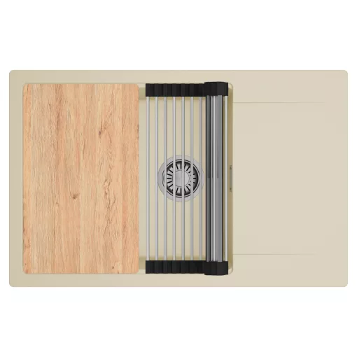 HD Onyx Beige 78-XL egymedencés gránit mosogatótálca szett, csepegtetőtálcával, vágódeszkával, acél csepegtetőráccsal, soft bézs színben