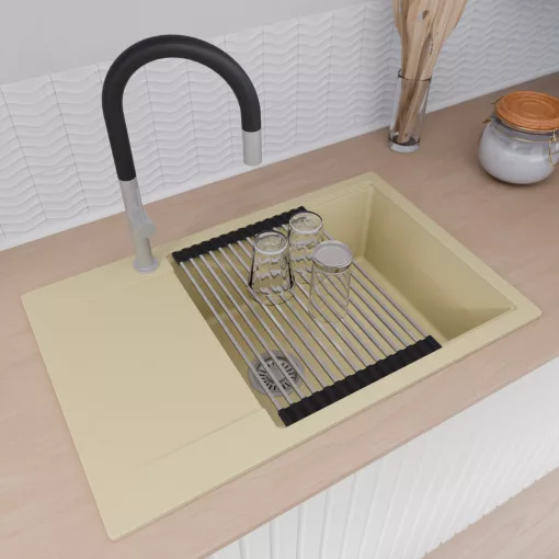 HD Onyx Beige 78-XL egymedencés gránit mosogatótálca szett, csepegtetőtálcával, vágódeszkával, acél csepegtetőráccsal, soft bézs színben