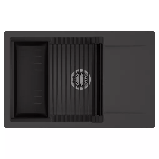 HD Onyx Antracit 78-XL egymedencés mosogatótálca szett, matt fekete csepegtetőráccsal és kosárral, csepegtetőtálcával, matt antracit színben, szálcsiszolt króm leeresztő szifonnal