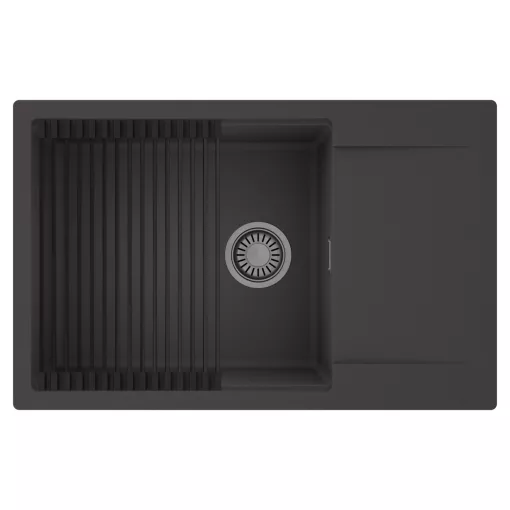 HD Onyx Antracit 78-XL egymedencés mosogatótálca szett, matt fekete csepegtetőráccsal, csepegtetőtálcával, matt antracit színben, szálcsiszolt króm leeresztő szifonnal