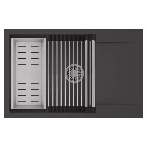 HD Onyx Antracit 78-XL egymedencés mosogatótálca szett, acél csepegtetőráccsal és kosárral, csepegtetőtálcával, matt antracit színben, szálcsiszolt króm leeresztő szifonnal