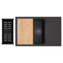 HD Onyx Antracit 78-XL egymedencés gránit mosogatótálca szett, csepegtetőtálcával, vágódeszkával, matt fekete csepegtetőráccsal és kosárral, matt antracit színben, szálcsiszolt króm leeresztő szifonnal