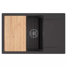 HD Onyx Antracit 78-XL egymedencés gránit mosogatótálca szett, csepegtetőtálcával, vágódeszkával, matt fekete csepegtetőráccsal, matt antracit színben, szálcsiszolt króm leeresztő szifonnal