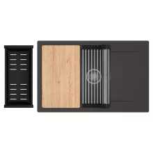 HD Onyx Antracit 78-XL egymedencés gránit mosogatótálca szett, csepegtetőtálcával, vágódeszkával, acél csepegtetőráccsal és matt fekete kosárral, matt antracit színben, szálcsiszolt króm leeresztő szifonnal