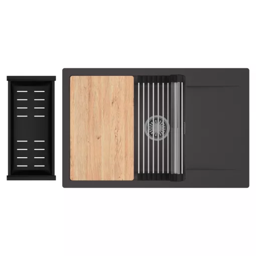 HD Onyx Antracit 78-XL egymedencés gránit mosogatótálca szett, csepegtetőtálcával, vágódeszkával, acél csepegtetőráccsal és matt fekete kosárral, matt antracit színben, szálcsiszolt króm leeresztő szifonnal