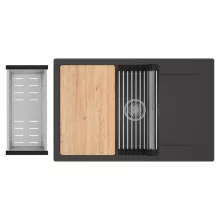 HD Onyx Antracit 78-XL egymedencés gránit mosogatótálca szett, csepegtetőtálcával, vágódeszkával, acél csepegtetőráccsal és kosárral, matt antracit színben, szálcsiszolt króm leeresztő szifonnal