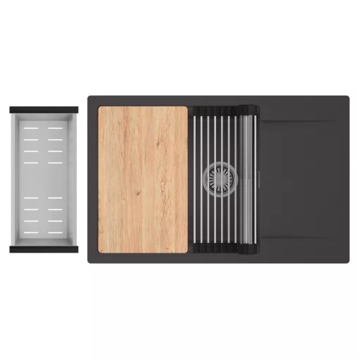 HD Onyx Antracit 78-XL egymedencés gránit mosogatótálca szett, csepegtetőtálcával, vágódeszkával, acél csepegtetőráccsal és kosárral, matt antracit színben, szálcsiszolt króm leeresztő szifonnal