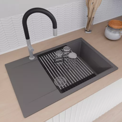 HD Onyx Antracit 78-XL egymedencés gránit mosogatótálca szett, csepegtetőtálcával, vágódeszkával, acél csepegtetőráccsal és kosárral, matt antracit színben, szálcsiszolt króm leeresztő szifonnal