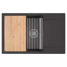 HD Onyx Antracit 78-XL egymedencés gránit mosogatótálca szett, csepegtetőtálcával, vágódeszkával, acél csepegtetőráccsal, matt antracit színben, szálcsiszolt króm leeresztő szifonnal