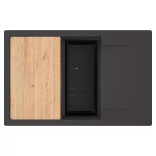 HD Onyx Antracit 78-XL egymedencés gránit mosogatótálca szett, csepegtetőtálcával, vágódeszkával, matt fekete csepegtetőkosárral, matt antracit színben, szálcsiszolt króm leeresztő szifonnal