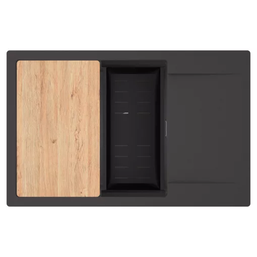 HD Onyx Antracit 78-XL egymedencés gránit mosogatótálca szett, csepegtetőtálcával, vágódeszkával, matt fekete csepegtetőkosárral, matt antracit színben, szálcsiszolt króm leeresztő szifonnal