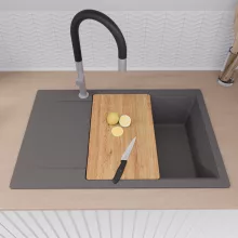 HD Onyx Antracit 78-XL egymedencés gránit mosogatótálca szett, csepegtetőtálcával, vágódeszkával, matt fekete csepegtetőkosárral, matt antracit színben, szálcsiszolt króm leeresztő szifonnal