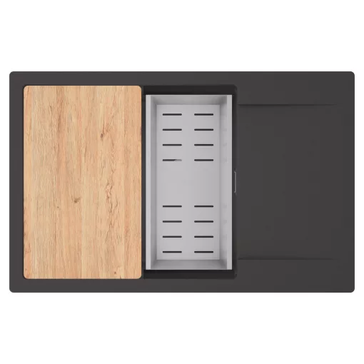 HD Onyx Antracit 78-XL egymedencés gránit mosogatótálca szett, csepegtetőtálcával, vágódeszkával, acél csepegtetőkosárral, matt antracit színben, szálcsiszolt króm leeresztő szifonnal