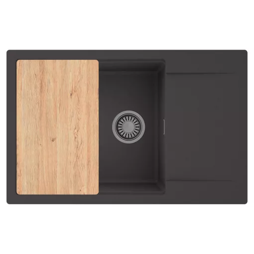 HD Onyx Antracit 78-XL egymedencés gránit mosogatótálca, vágódeszkával, matt antracit színben, szálcsiszolt króm leeresztő szifonnal