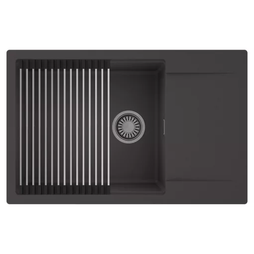 HD Onyx Antracit 78-XL egymedencés mosogatótálca szett, acél csepegtetőráccsal, csepegtetőtálcával, matt antracit színben, szálcsiszolt króm leeresztő szifonnal