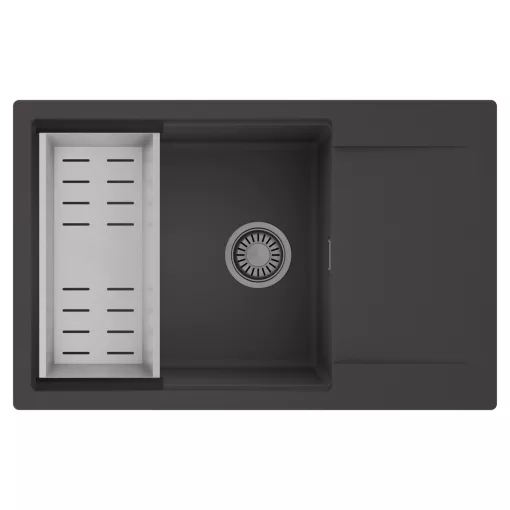 HD Onyx Antracit 78-XL egymedencés mosogatótálca szett, acél csepegtetőkosárral, csepegtetőtálcával, matt antracit színben, szálcsiszolt króm leeresztő szifonnal