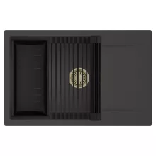 HD Onyx Antracit 78-XL egymedencés mosogatótálca szett, matt fekete csepegtetőráccsal és kosárral, csepegtetőtálcával, matt antracit színben, szálcsiszolt arany leeresztő szifonnal