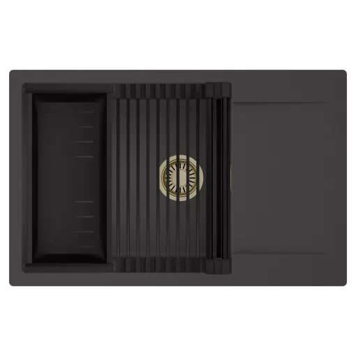 HD Onyx Antracit 78-XL egymedencés mosogatótálca szett, matt fekete csepegtetőráccsal és kosárral, csepegtetőtálcával, matt antracit színben, szálcsiszolt arany leeresztő szifonnal