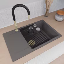 HD Onyx Antracit 78-XL egymedencés mosogatótálca szett, matt fekete csepegtetőráccsal és kosárral, csepegtetőtálcával, matt antracit színben, szálcsiszolt arany leeresztő szifonnal