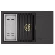 HD Onyx Antracit 78-XL egymedencés mosogatótálca szett, matt fekete csepegtetőráccsal és krómozott kosárral, csepegtetőtálcával, matt antracit színben, szálcsiszolt arany leeresztő szifonnal