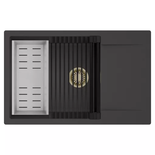 HD Onyx Antracit 78-XL egymedencés mosogatótálca szett, matt fekete csepegtetőráccsal és krómozott kosárral, csepegtetőtálcával, matt antracit színben, szálcsiszolt arany leeresztő szifonnal