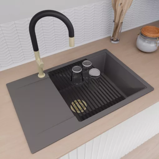 HD Onyx Antracit 78-XL egymedencés mosogatótálca szett, matt fekete csepegtetőráccsal és krómozott kosárral, csepegtetőtálcával, matt antracit színben, szálcsiszolt arany leeresztő szifonnal