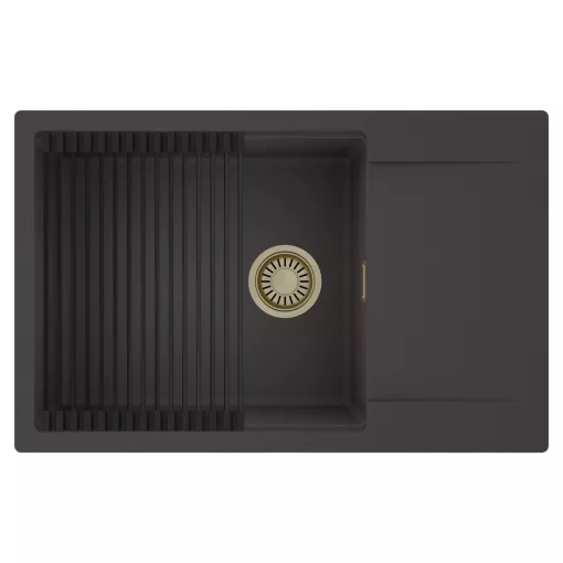 HD Onyx Antracit 78-XL egymedencés mosogatótálca szett, matt fekete csepegtetőráccsal, csepegtetőtálcával, matt antracit színben, szálcsiszolt arany leeresztő szifonnal