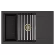 HD Onyx Antracit 78-XL egymedencés mosogatótálca szett, acél csepegtetőráccsal és matt fekete kosárral, csepegtetőtálcával, matt antracit színben, szálcsiszolt arany leeresztő szifonnal