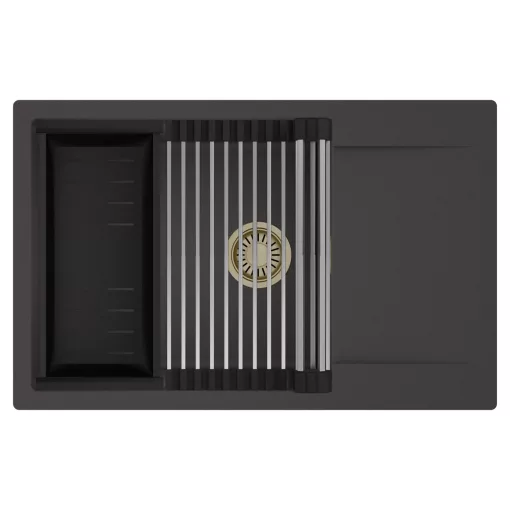 HD Onyx Antracit 78-XL egymedencés mosogatótálca szett, acél csepegtetőráccsal és matt fekete kosárral, csepegtetőtálcával, matt antracit színben, szálcsiszolt arany leeresztő szifonnal