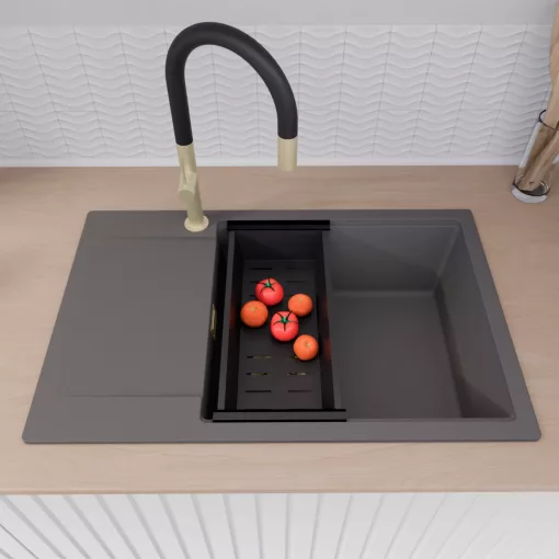 HD Onyx Antracit 78-XL egymedencés mosogatótálca szett, acél csepegtetőráccsal és matt fekete kosárral, csepegtetőtálcával, matt antracit színben, szálcsiszolt arany leeresztő szifonnal