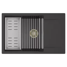 HD Onyx Antracit 78-XL egymedencés mosogatótálca szett, acél csepegtetőráccsal és kosárral, csepegtetőtálcával, matt antracit színben, szálcsiszolt arany leeresztő szifonnal