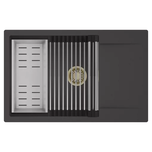 HD Onyx Antracit 78-XL egymedencés mosogatótálca szett, acél csepegtetőráccsal és kosárral, csepegtetőtálcával, matt antracit színben, szálcsiszolt arany leeresztő szifonnal