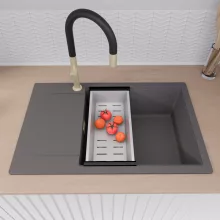 HD Onyx Antracit 78-XL egymedencés mosogatótálca szett, acél csepegtetőráccsal és kosárral, csepegtetőtálcával, matt antracit színben, szálcsiszolt arany leeresztő szifonnal