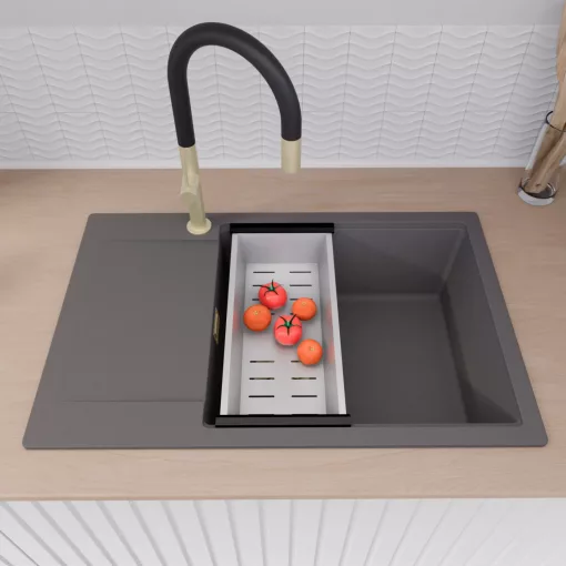 HD Onyx Antracit 78-XL egymedencés mosogatótálca szett, acél csepegtetőráccsal és kosárral, csepegtetőtálcával, matt antracit színben, szálcsiszolt arany leeresztő szifonnal